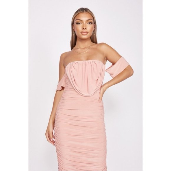 Pink Short Sleeve Off Shoulder Ruched Bodycon Midi Dress - Picture 7 of 14